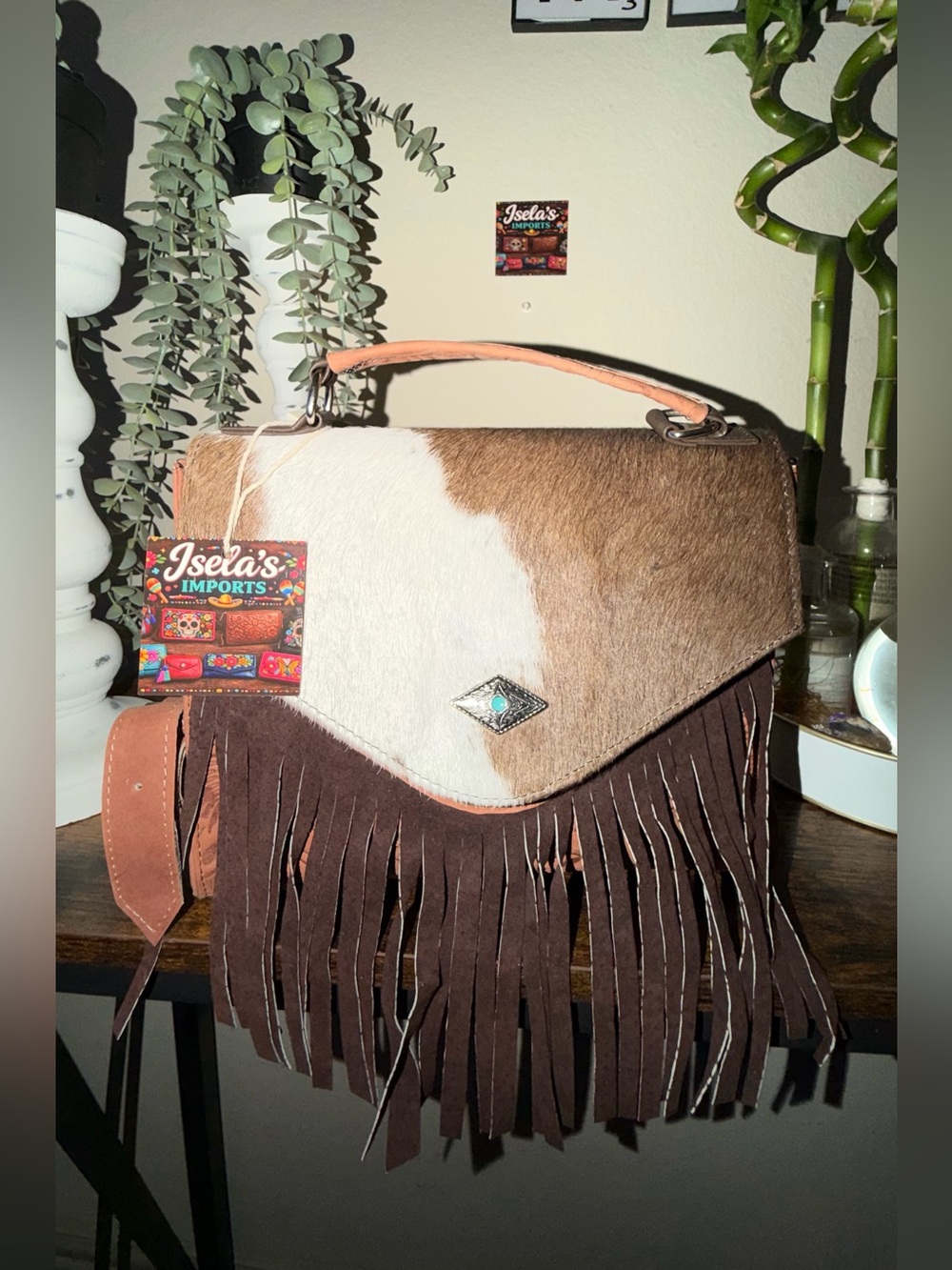 Brown and White Fringe Leather Crossbody Bag